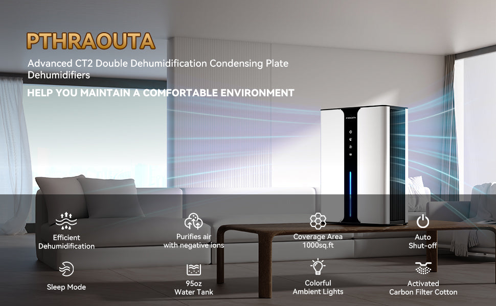 PTHRAOUTA Dehumidifier for Room for Home, 50 OZ Water Tank(1000 sq.ft) Dehumidifiers Safe Drainage Auto-off Odor Removal 2 Duak-Core Portable Small Dehumidifier for Basement Bathroom H10