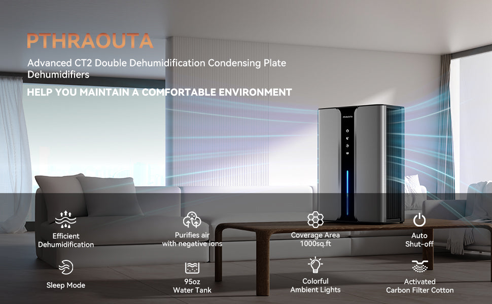 PTHRAOUTA Dehumidifier for Room for Home, 50 OZ Water Tank(1000 sq.ft) Dehumidifiers Safe Drainage Auto-off Odor Removal 2 Duak-Core Portable Small Dehumidifier for Basement Bathroom H10