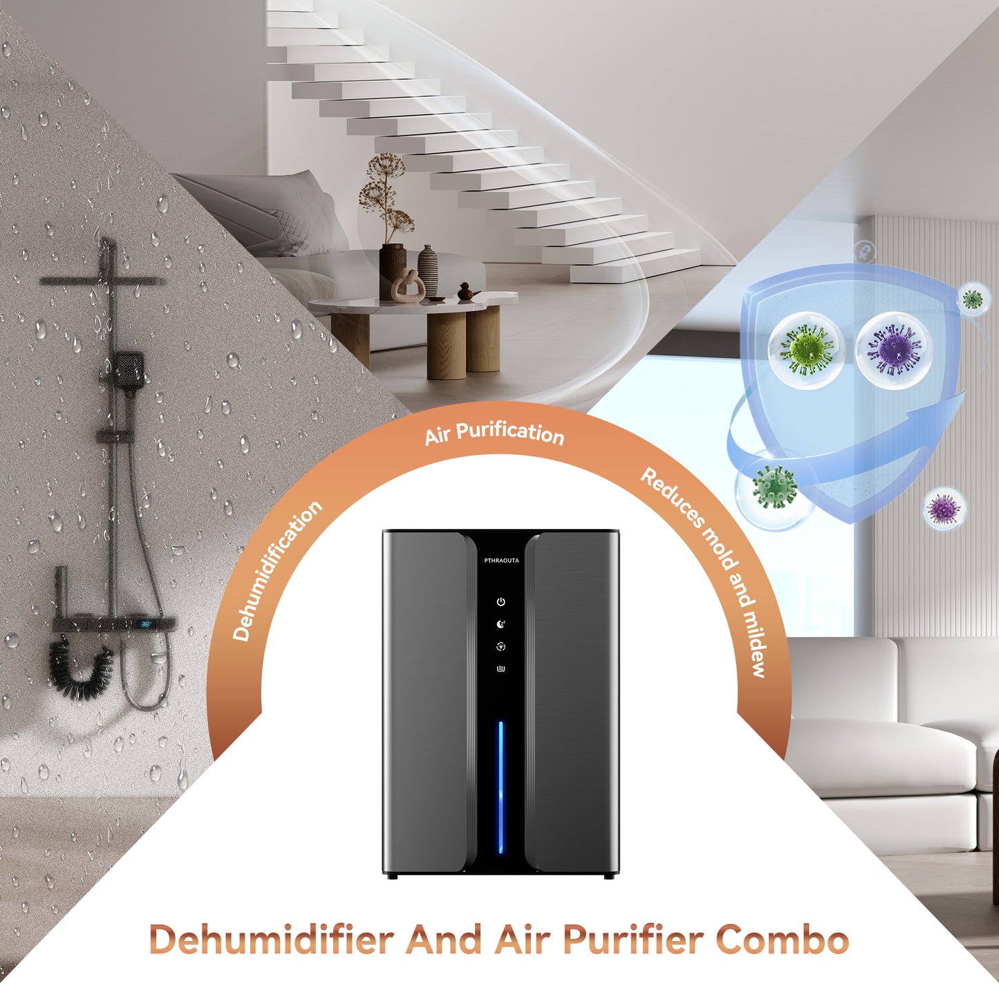 PTHRAOUTA Dehumidifier for Room for Home, 50 OZ Water Tank(1000 sq.ft) Dehumidifiers Safe Drainage Auto-off Odor Removal 2 Duak-Core Portable Small Dehumidifier for Basement Bathroom H10