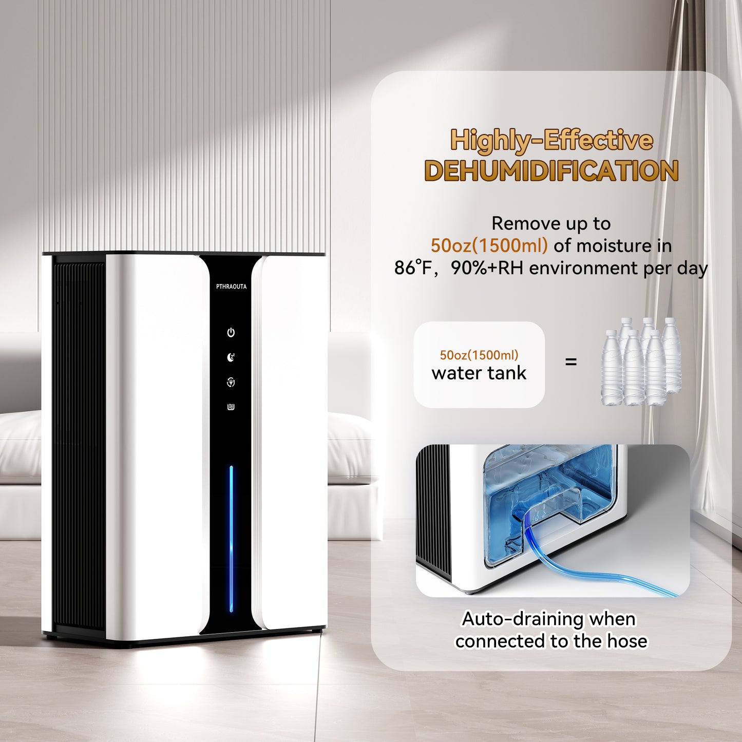 PTHRAOUTA Dehumidifier for Room for Home, 50 OZ Water Tank(1000 sq.ft) Dehumidifiers Safe Drainage Auto-off Odor Removal 2 Duak-Core Portable Small Dehumidifier for Basement Bathroom H10