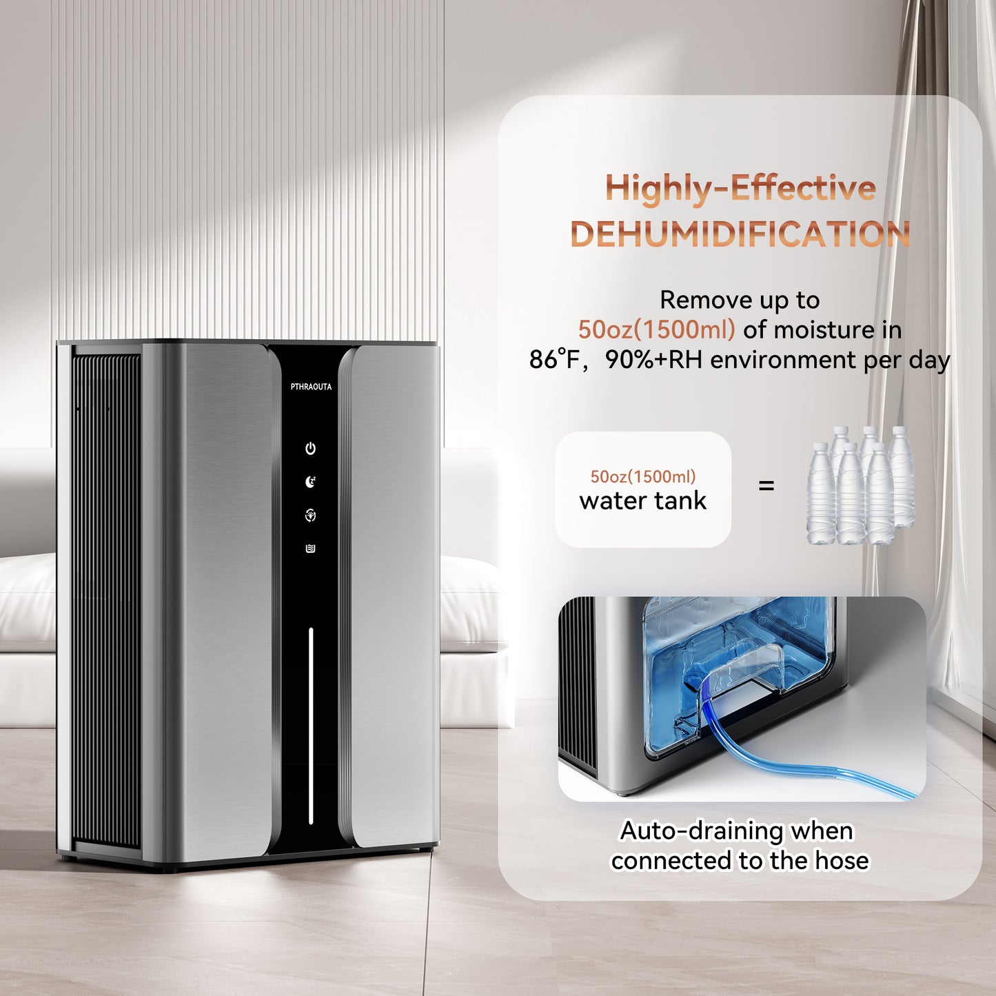 PTHRAOUTA Dehumidifier for Room for Home, 50 OZ Water Tank(1000 sq.ft) Dehumidifiers Safe Drainage Auto-off Odor Removal 2 Duak-Core Portable Small Dehumidifier for Basement Bathroom H10