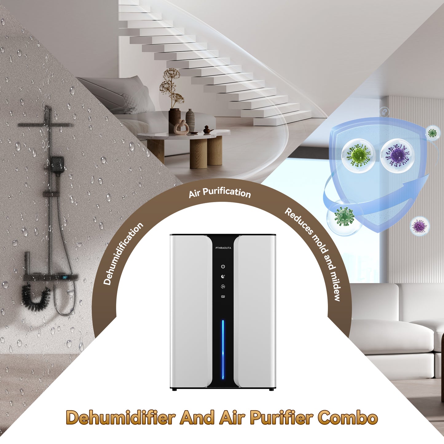 PTHRAOUTA Dehumidifier for Room for Home, 50 OZ Water Tank（1000 sq.ft） Dehumidifiers Safe Drainage Auto-off Odor Removal 2 Duak-Core Portable Small Dehumidifier for Basement Bathroom H10